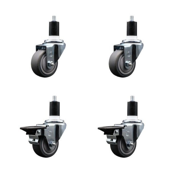 3'' Thermoplastic Rubber Wheel Swivel 1-1/2'' Expanding Stem Caster Set 2 Brakes, 4PK